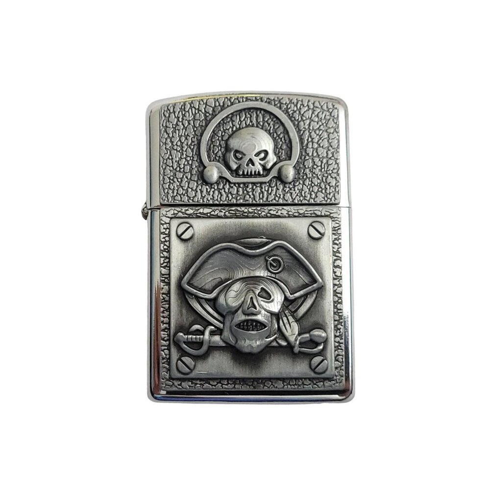 Antique Silver Finish Metal Pirate Skulls Lighter Belt Buckle - - Picture 7 of 10